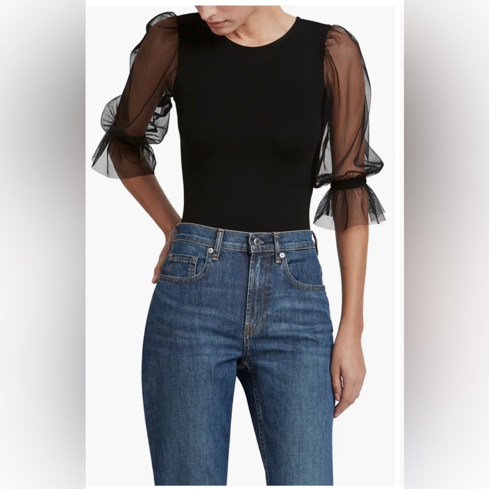 Marcella Bellerose Mixed Media Mesh Sleeve Black Bodysuit womens XL - Picture 2 of 13